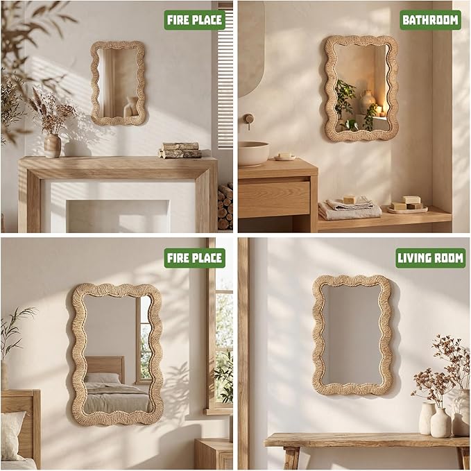 Junkin Boho Scalloped Rattan Mirror Decorative Natural Wicker Wall Mirror with Rattan Frame Boho Coastal Decor for Bathroom Living Room, Entryway Decor(Rectangle,10.4 x 15.8 in)