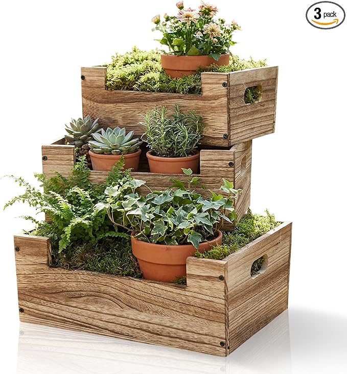 Set of 3 Wood Storage Nesting Crates for Display, Decorative Farmhouse Wooden Boxes with Handles Rustic Wood Basket Container for Organization Decor