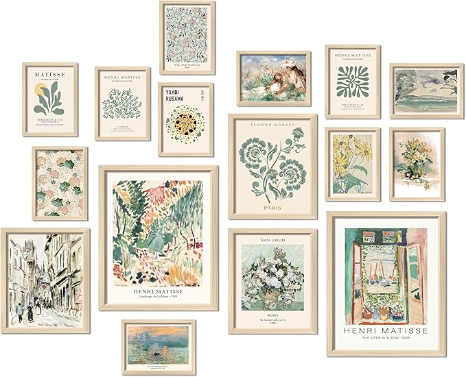 ANERZA 16 PCS Framed Sage Green Wall Art Decor, Matisse Wall Prints for Bedroom, Gallery Wall Frame Set, Abstract Posters for Living Room Aesthetic, Collage Kit Pictures, Boho Dorm Home Decor