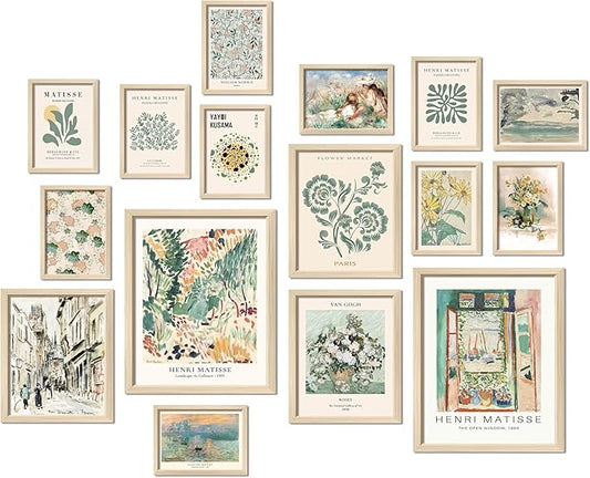 ANERZA 16 PCS Framed Sage Green Wall Art Decor, Matisse Wall Prints for Bedroom, Gallery Wall Frame Set, Abstract Posters for Living Room Aesthetic, Collage Kit Pictures, Boho Dorm Home Decor