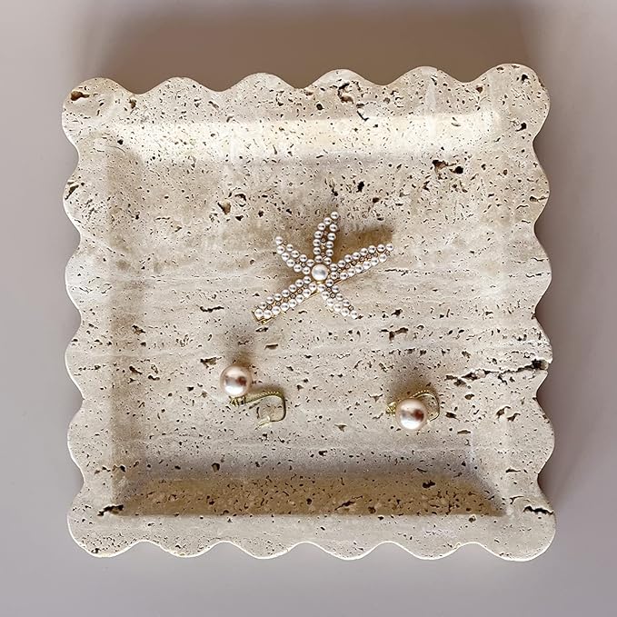 Vintage Natural Marble Tray Small Ornaments Scalloped Tray Handmade Storage Dish for Counter, Vanity, Dresser, Nightstand and Desk (Beige Travertine)