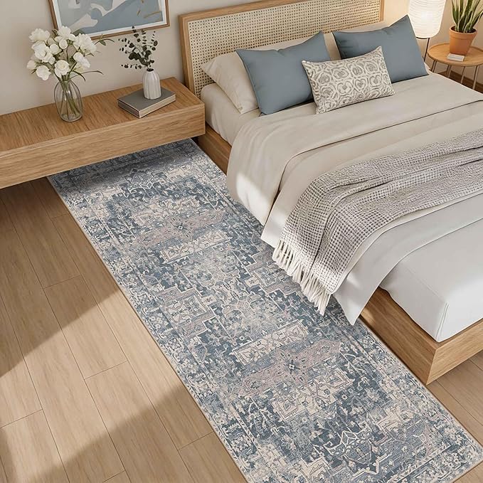 Rugxara 2x6 Runner Rug, Washable Kitchen Rugs, Blue Boho Vintage Floral Hallway Runner, Non Slip Low Pile Area Rug Carpet for Indoor Hallway, Kitchen, Laundry Room and Bathroom(Blue 2x6ft)