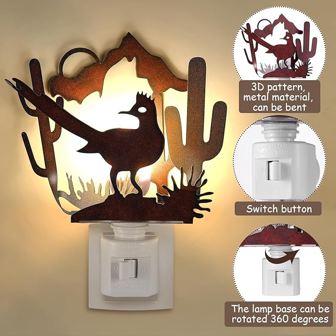 Tuanse Road Runner Bird Plug in Night Light Farmhouse Metal LED Night Light Decorative Vintage Novelty Lamp Decor for Holiday Bedroom Living Room Bathroom Christmas Gift