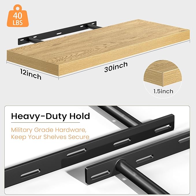 Fun Memories Floating Shelves - 2 Pack 30 Inch Long Rustic Wooden Wall Shelves - 12 Inch Deep Wall Mounted Storage Shelf with Invisible Heavy-Duty Brackets for Books, Bathroom, Kitchen, Oak