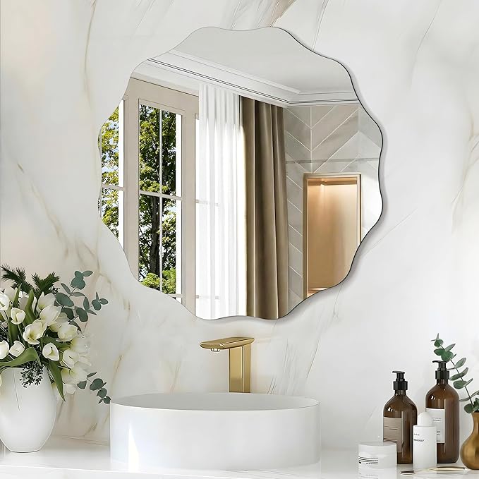 CILIBER Frameless Wavy Round Mirror, 20'' Scalloped Circle Wall Mirror, 3mm Tempered Glass Decorative Bathroom Vanity Mirror, Mounting/Leaning for Mantel, Living Room, Bedroom and Entryway