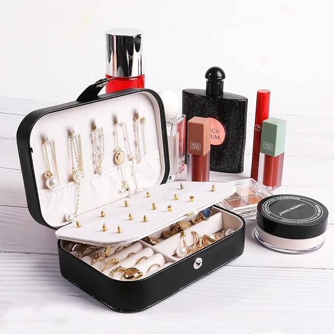 OceeK Travel Jewelry Box,Travel Jewelry Case for Girls Women Mothers, Travel Jewelry Organizer Case, PU Leather Black,1 Pack