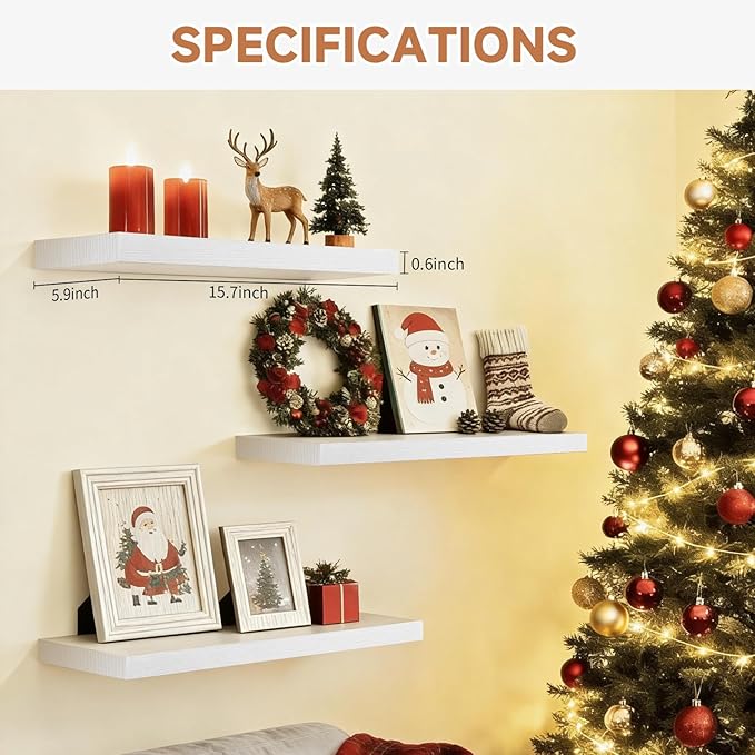 Easy Install Floating Shelves, 15.7 Inch Wall Mounted Wooden Shelf, Small Hanging Shelf for Home Decor, Books and Storage, Organizer for Bedroom, Bathroom, Kitchen, Set of 3, Vintage Brown