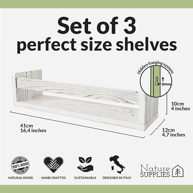 NATURE SUPPLIES Set of 3, 16.4 inch Nursery Book Shelves Made of Solid Wood for Books, Toys, Decor, Wall Kids Bookshelf, Floating Shelf, Ideal Storage for Nursery or Playroom Organization,Whitewashed