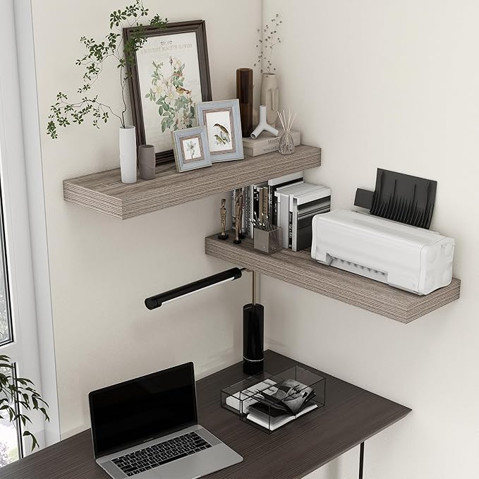 FLYJOE Deep Floating Shelves | 36 Inch Grey Floating Shelves Set of 2 | 12 Inch Deep Rustic Wood Shelves for Wall | 36" W x 12" D Grey Shelves for Living Room Bathroom Laundry Room Kitchen