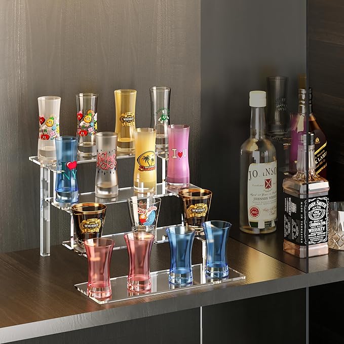 WINKINE Acrylic Display Shelves, Perfume Stand, 4 Tier Figurine Riser Shelf, Cupcake Stand Makeup Display Riser, Clear Cologne Organizer for Bedroom, Cabinet, Countertop, Desktop, 2 Pack