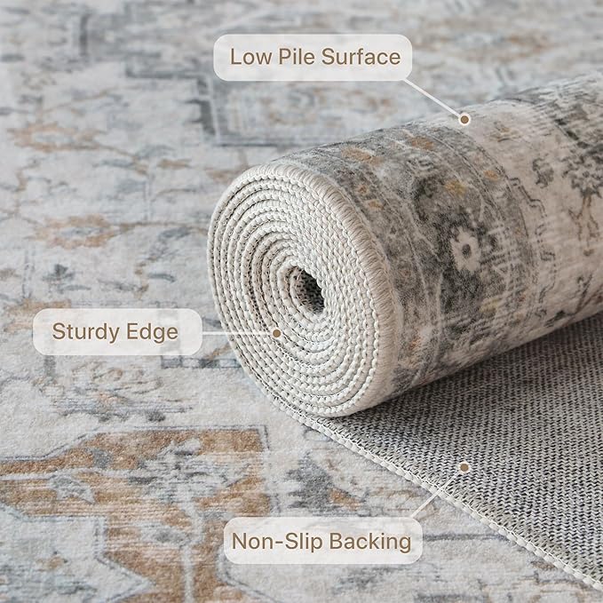 GENIMO Runner Rug 2'6''x8, Non Slip Vintage Hallway Runner Rugs, Low Pile Lightweight Machine Washable Mat for Hallway, Entryway, Bedroom, Kitchen and Corridor, Light Taupe Brown