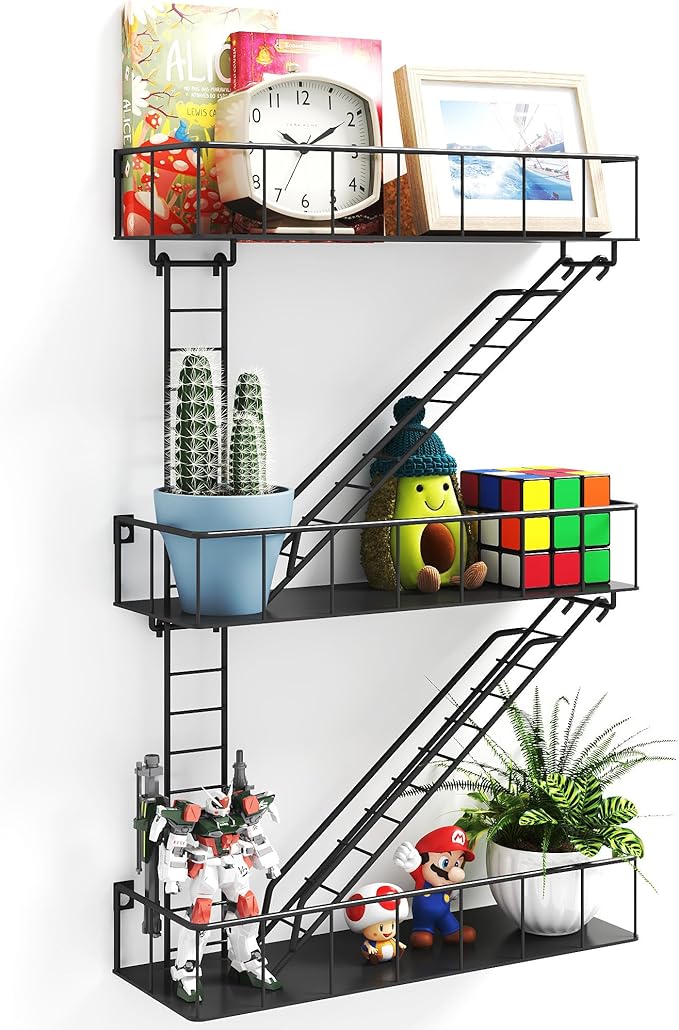 Black Metal Fire Escape Wall Shelf, Unique Decorative Shelves for Wall, New York Shelf Ladder Storage, Funky Knick Knack Shelf Organizer, Industrial Wall Shelves for Bathroom,Living Room