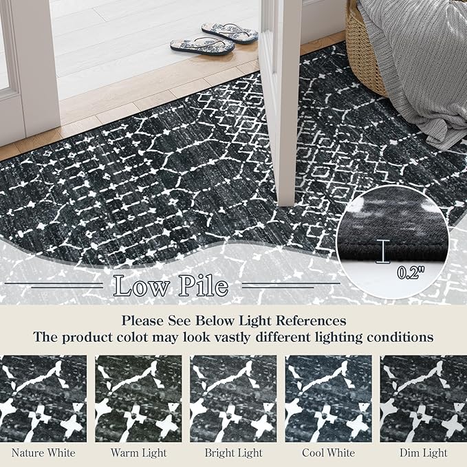 Lahome Moroccan Black 9x12 Rug for Living Room, Washable Non-Slip Ultra-Thin Stain Resistant Area Rug for Dining Room Table, Geometric Print Modren Indoor Carpet for Bedroom Office Hana
