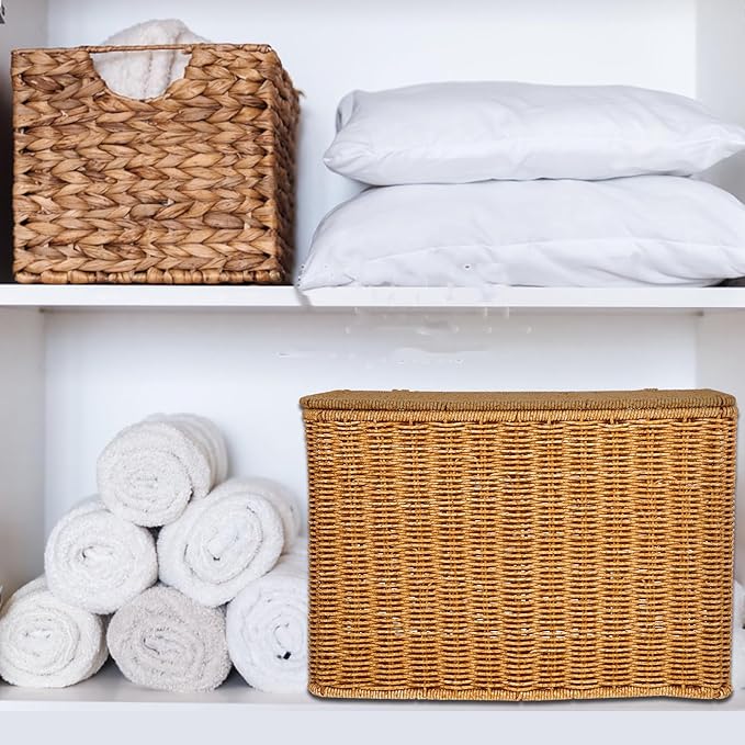 Woven Storage Basket with Lid and Handle 14.96X10.62X5.90In Portable Sundries Organizer for Toys Magazines Kitchen Storage and Home D Cor