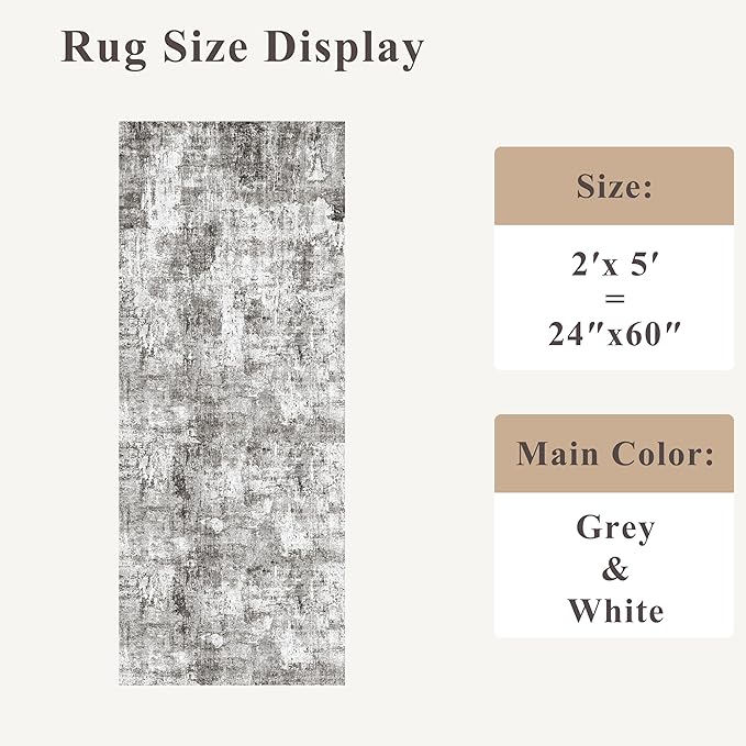 2x5 Non-Slip Washable Runner Rug – Modern Neutral Abstract Small Rug for Hallway, Kitchen, Bathroom, Bedroom, Entryway, Laundry Room – Thin Soft Low-Pile Rubber Backing (Grey)