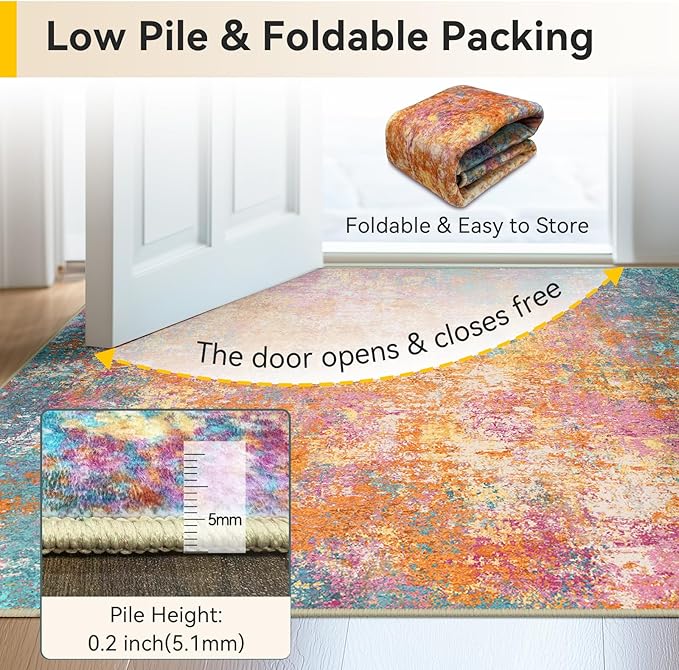 RELEANY Washable Area Rugs Square 8ft Non-Slip Modern Abstract Soft for Living Room Entryway Bedroom Nursery, Print Pattern, Orange Blue Pink Yellow Colorful