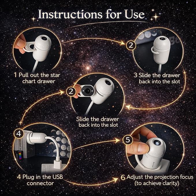 USB Galaxy Star Projector Night Light, 2-in-1 Starry Sky Projector with 6 Projection Films, Adjustable Brightness 360° Rotation, Star Ceiling Light for Bedroom, Car Roof Star Lights for Kids Adults