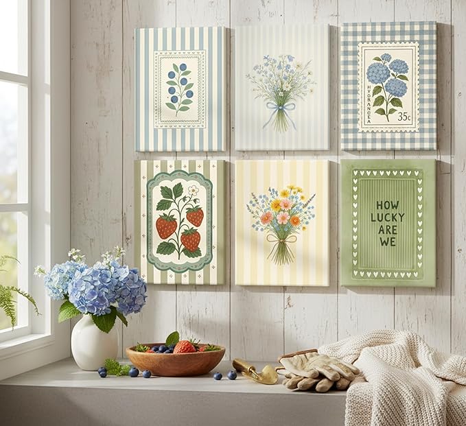 6Pcs Vintage Floral Canvas Wall Art Cottagecore Botanical Painting Picture Wall Decor Vintage Botanical Posters Print Artwork for Girls' Room Bedroom Livingroom Home Decoration