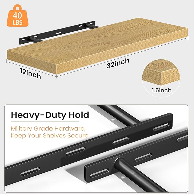 12 Inch Deep Floating Shelves, 32W x 12D Floating Shelf for Books, Rustic Wood Deep Wall Shelves for Home Storage & Display, 1.5" Thicked Shelves for Kitchen, Living Room, Bedroom, Oak, 2 Pack