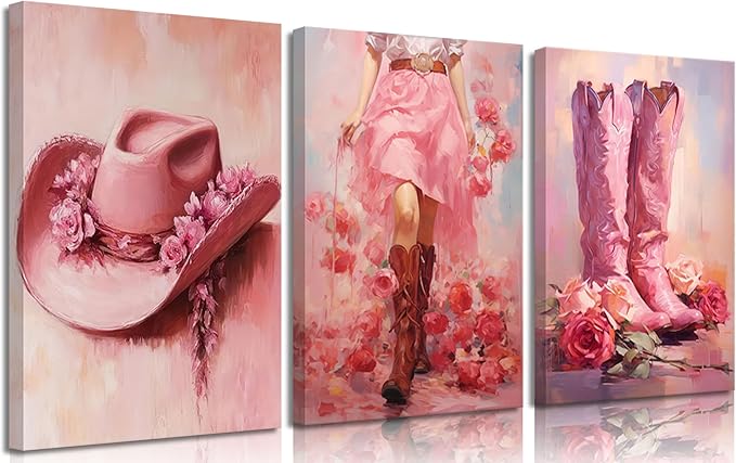 3Pcs Pink Cowgirl Canvas Wall Art Funky Cowgirl Boots Pictures Wall Decor Western Flower Boots Hat Aesthetic Posters Prints Paintings for Preppy Room Bedroom Apartment Decoration Prepare to hang