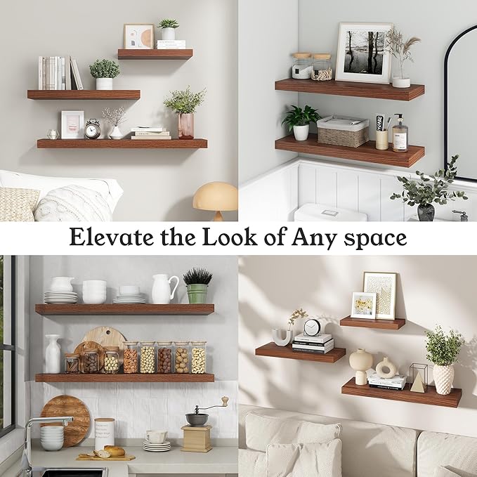 Floating Shelves for Wall, 9.3" Deep Wall Mounted Wood Shelves for Bathroom, Bedroom, Living Room, Kitchen, Hanging Shelf for Books/Storage/Room Decor (Walnut, 24")
