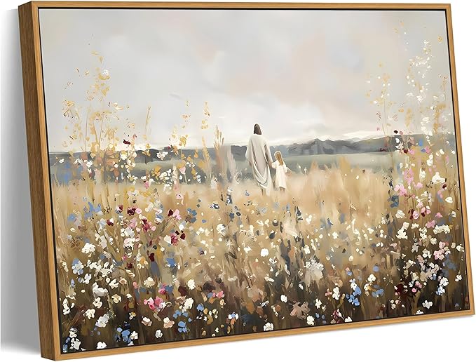 Framed Jesus Canvas Wall Art Jesus and Little Girl Walking in Flower Field Painting Pictures Christian Wildflowers Prints Religious Home Wall Decor for Living Room Bedroom Office Church