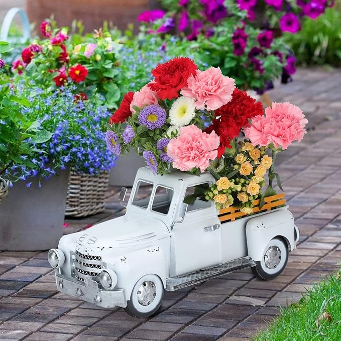 Farmhouse White Truck Decor, Vintage Metal Rustic Outdoor/Indoor Pickup Planter, Decorative Tabletop Storage, Farm Table Car Model Gift