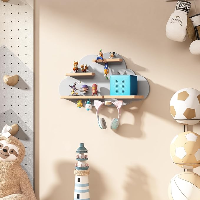 Grey Cloud Tonies Shelf Wall Mounted, Magnetic Floating Shelves with Hook for Toniebox, Tonies Characters & Earphones, Wooden Tonie Storage Shelf for Children Room