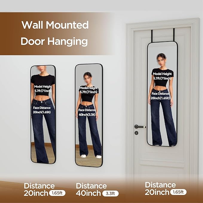 NARCISSUS 47x14 Mirror Door Hanging Full Length,Over Door or Wall Mounted Aluminum Alloy Frame Tempered Glass Rectangle Full Body Mirrors for Bedroom Dressing Living Room Bathroom 47 inch Black