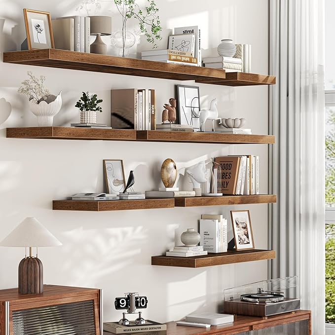 Brown Floating Shelves for Wall, 55 Inch Floating Shelves Set of 1, Wall Mounted Rustic Wood Shelf for Bathroom, Living Room, Bedroom and Kitchen, Hanging Shelf for Storage, Books, Home Decor