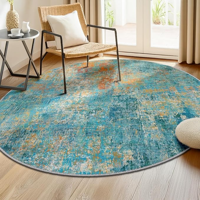RELEANY Washable Area Rugs 6ft Non-Slip Modern Abstract Soft for Living Room Entryway Bedroom Nursery, Print Pattern, Teal Blue Green Orange Rust Red Coloreful