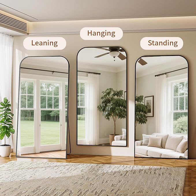 Full Length Mirror 76"x34" Arched Floor Standing Large Mirrors Full Body Mirror with Stand - with Aluminum Frame for Bedroom Living Room, Black