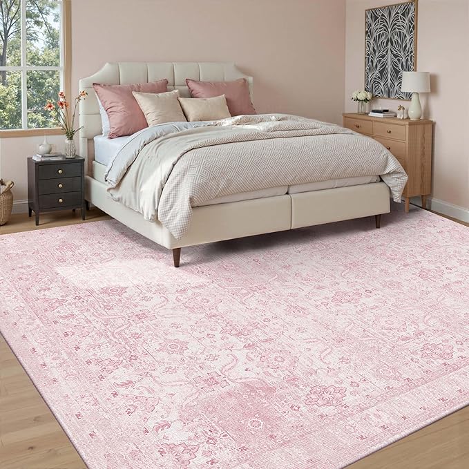 Rugxara 8x10 Area Rugs for Living Room Bedroom,Pink Large Washable Neutral Rug, Vintage Floral Retro Boho Non Slip & Low Pile Carpet for Indoor Dining Room, Classroom, Dorm, Nursery and Kids Room