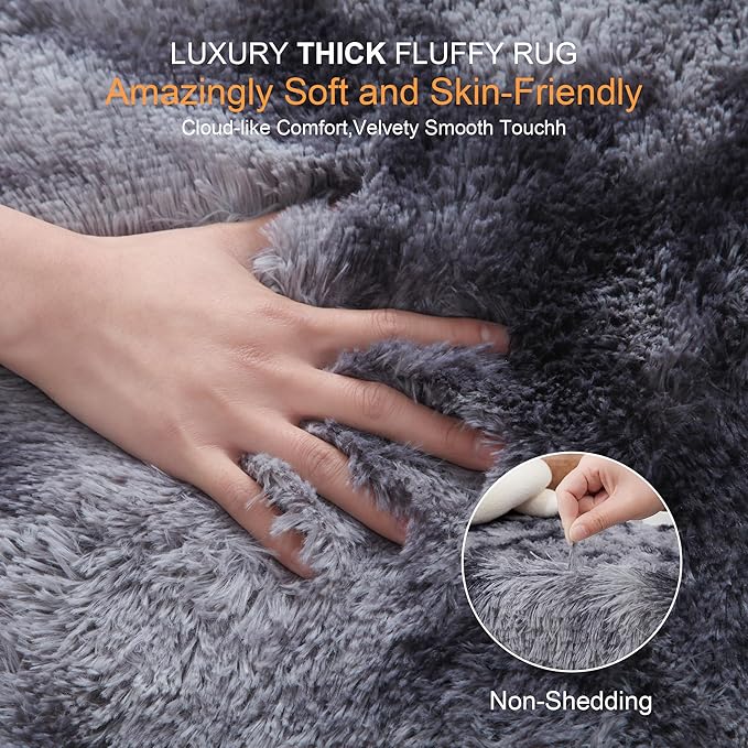 KICHOWUA Thick Area Rug Dark Grey 5x8 Fluffy Shag for Bedroom Living Room Soft Plush Washable Thickened Non-Slip Fuzzy Carpet for Kids Baby Nursery Cozy Shaggy Floor Rugs for Dorm, Tie-Dye Gray