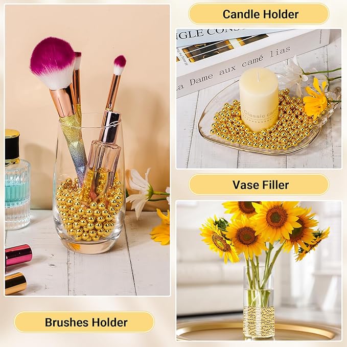 Suream 1300PCS Pearl Beads for Centerpieces, 8mm/0.31in No Hole Artificial Beads for Vase Filler, Jewelry Making, Table Scatter, Wedding Decoration, Makeup Holder, DIY Craft Projects, Gold Plated