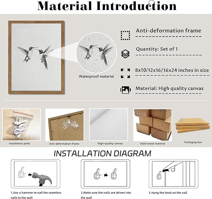 Vintage Wall Art Framed Hummingbird Canvas Print, Modern Farmhouse Birds Wall Decor, Living Room Sketch Painting Picture, Minimalist Black and White Bird Bedroom Decor – 8x10 inch