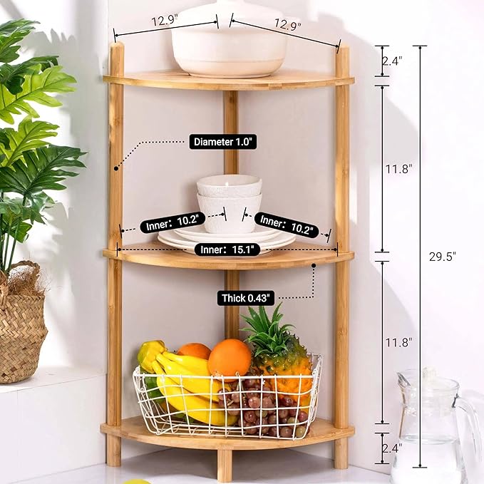 3-Tier Expandable Bamboo Corner Shelf Stand,Corner Bookshelf, Display Storage Shelves with Open Shelves, for Organization and Storage, Living Room, Home Office, Garage (1, Natural, 3-Tier)