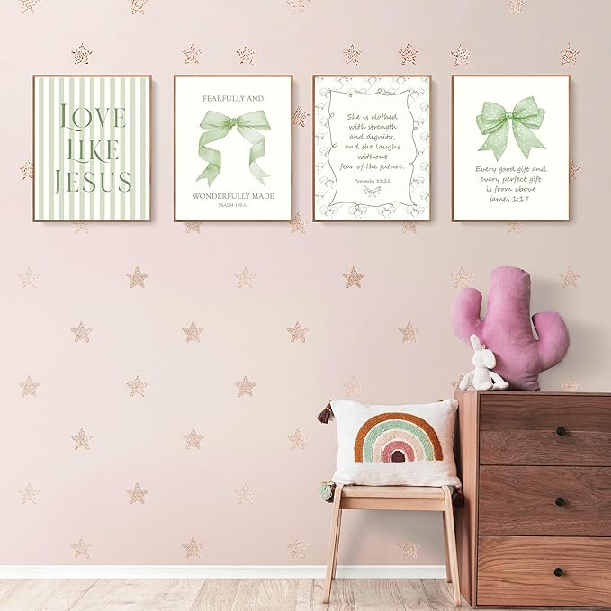 LARTSFRO Coquette Sage Green Bow Jesus Wall Art Decor Posters, Green Bow Christian Room Bedroom Bathroom Wall Art Decor Aesthetic for Teen Girls Gifts, Inspirational Bible Verses Bow Wall Decor, 8x10 Inch Set of 4 Bow Pictures(UNFRAMED)