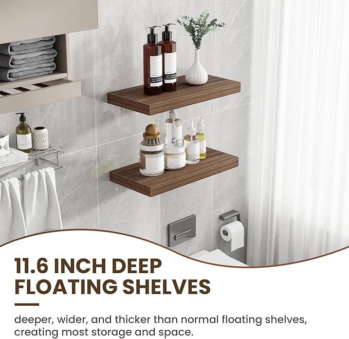 Acovy 24 Inch Floating Shelves, 12 Inch Deep Floating Shelves for Wall, Floating Shelf with Invisible Brackets, Deep Shelves for Bathroom, Bedroom, Living Room, 2 Pack, Walnut
