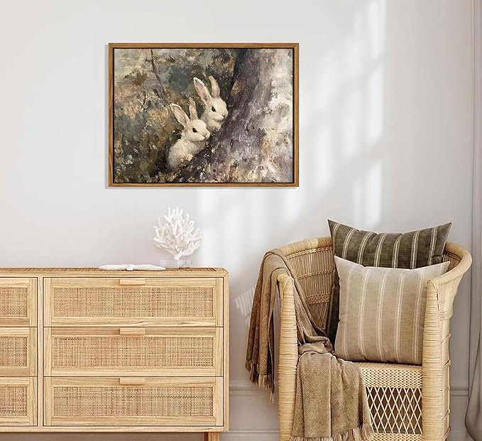 Framed Vintage Bunny Canvas Wall Art Rustic Rabbit in the Forest Vintage Farmhouse Painting Classical Oil Cottagecore Wall Decor For Bedroom Living Room Kitchen Office