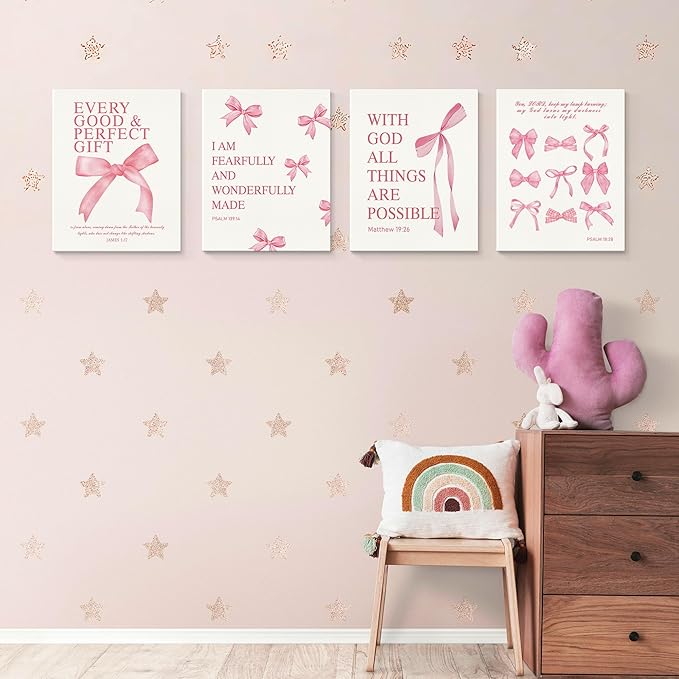 LARTSFRO Coquette Pink Bow Canvas Wall Art Decor Prints Posters, Pink Bow Room Bedroom Bathroom Dorm Wall Art Decor Aesthetic for College Teen Girls Gifts, Inspirational Bible Verses Bow Wall Decor, 11x14 Inch Set of 4 Pcs Bow Pictures (Canvas Framed 1...