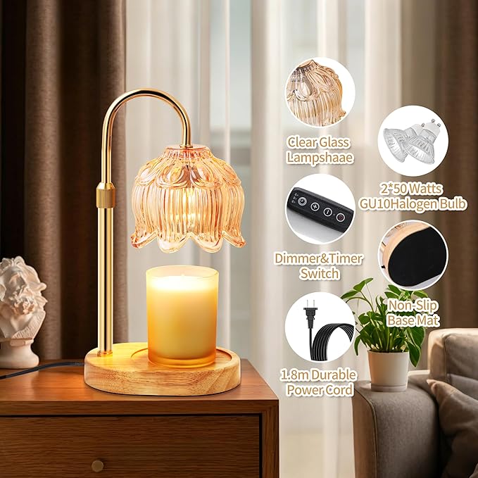Flower Candle Warmer Lamp for Jar Candles with Timer & Dimmer, Adjustable Height Fits Large Jars up to 7.08" Tall, Flameless Wax Warmer, Cozy Bedroom Home Decor, Gift for Mom Women