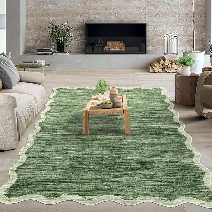 GarveeHome Scalloped Washable Rug 5x7 Area Rugs for Living Room Modern Abstract Green Non Slip Throw Rugs Bedroom Rugs Low Pile Soft Non Shedding Stain Resistant Carpet for Dining Room Nursery 5'x7'