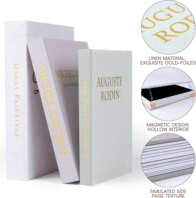XKDOUS 3 Pack Linen Decorative Books for Home Decor Gold Foil Cover Modern Faux Decor Book Aesthetic Coffee Table Books Hollow Keepsake Storage Box for Shelf, Decoration