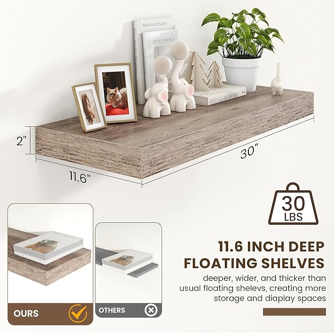 FLYJOE 30 Inch Floating Shelves | 12 Inch Deep Grey Floating Shelves | 30" W x 12" D Rustic Wood Shelves for Wall | Deep Grey Shelves for Living Room Bathroom Laundry Room Kitchen