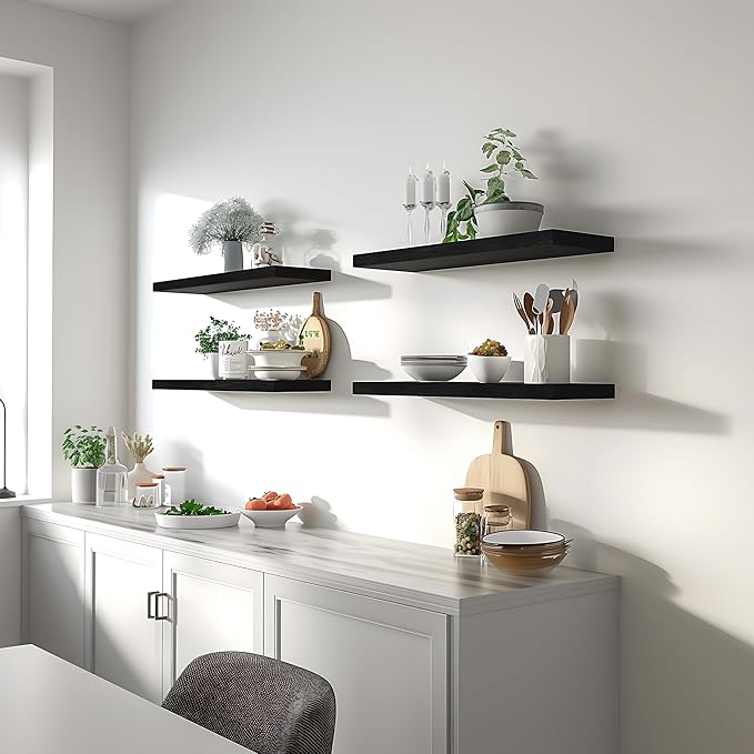 GXYAWPJ Black Wood Floating Shelves for Wall Rustic Wall Shelves for Bedroom Set of 6