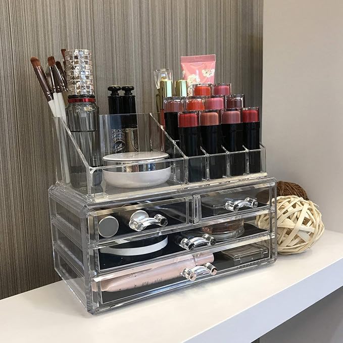 SciencePurchase See-Through Acrylic Jewelry Makeup Lipstick Organizer Holder Box with 4 Drawers