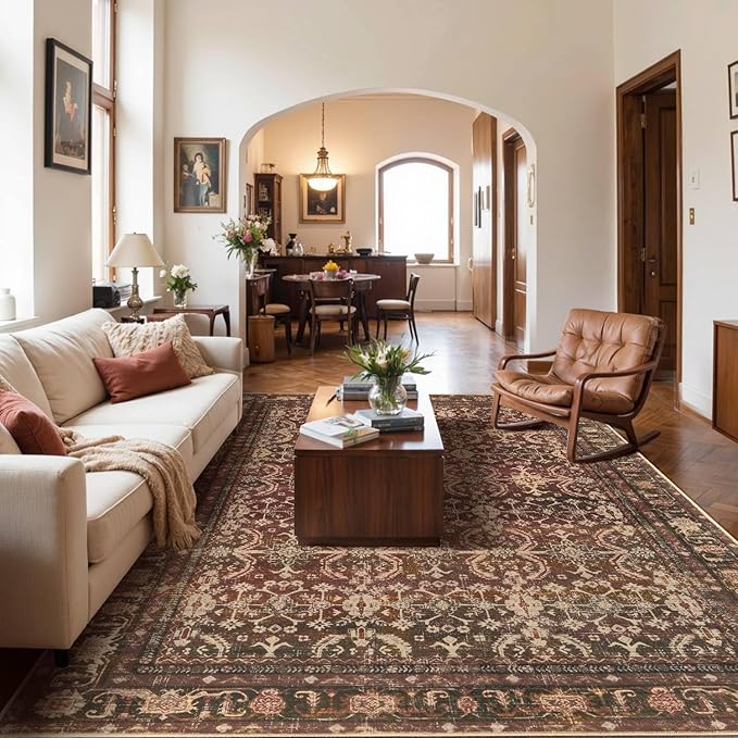 Rugxara 8x10 Area Rugs for Living Room Bedroom, Large Washable Christmas Rug, Vintage Oriental Boho Rug, Non Slip & Low Pile Faux Wool Thin Carpet for Indoor Dining Room and Kids Room(Red 8x10ft)