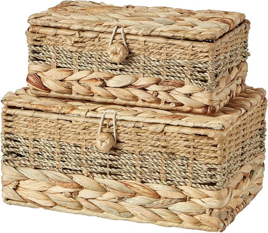 2PCS Wicker Storage Baskets with Lids Decorative Bohemian Handmade Rattan Boxes Natural Water Hyacinth Seagrass Paper Rope Woven Bins Shelf Container Memory Keepsake Photo Makeup Organizer