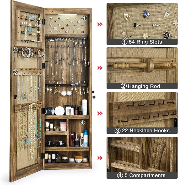 SRIWATANA Jewelry Armoire Cabinet, Solid Wood Jewelry Organizer with Full Length Mirror Wall/Door Mounted(Carbonized Black)